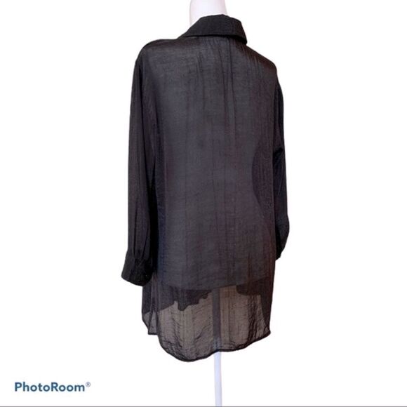 Alfani Deep Black semi sheer Long Sleeve Button Down Blouse Pintuck Panel Sz L - Picture 4 of 8